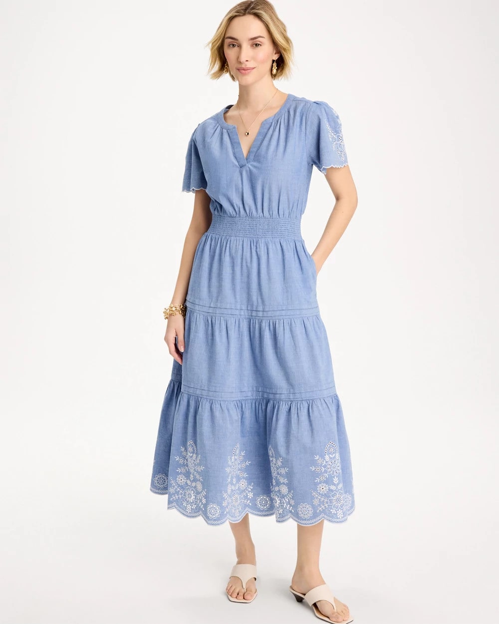 【9999円セール】Lace Trimmed Chambray Dress Chambray Embroidered Dress | Chico's